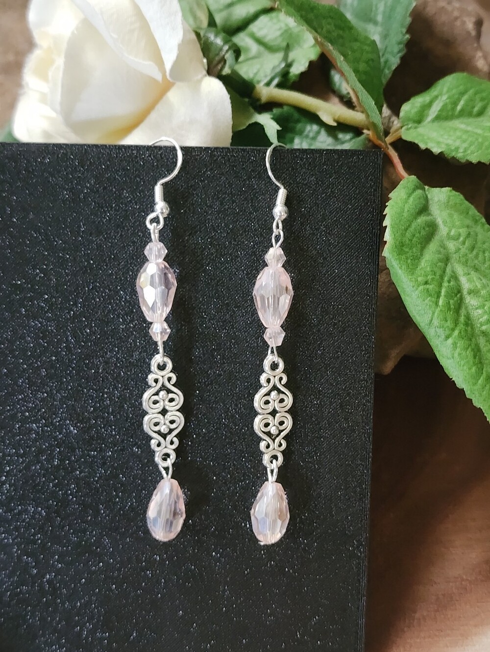 4. Hand Crafted Pink Glass Crystal Filigree Dangle Earrings